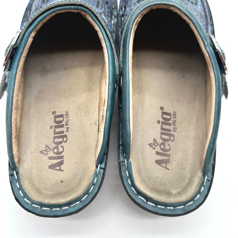 Alegria Seville Blue Teal Mosaic Snakeskin Leather Clogs Swivel Strap 40/9.5-10 - Picture 4 of 11